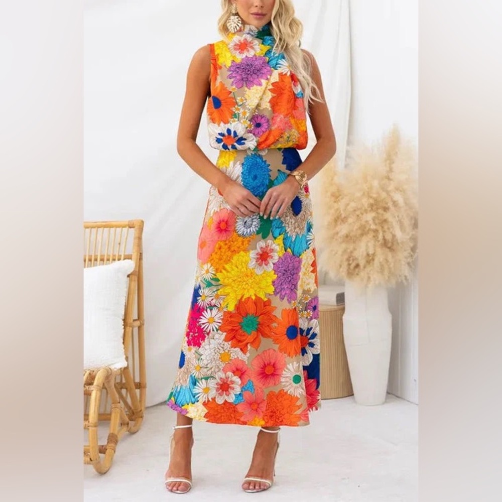 Margovil Sleeveless Tie Neck Waisted Floral Print Maxi Dress Size Small
